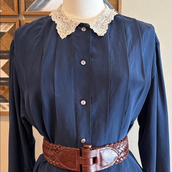 Vintage Ralph Lauren Navy Pleated Button Down Shirt with Lace Collar - Picture 2 of 13